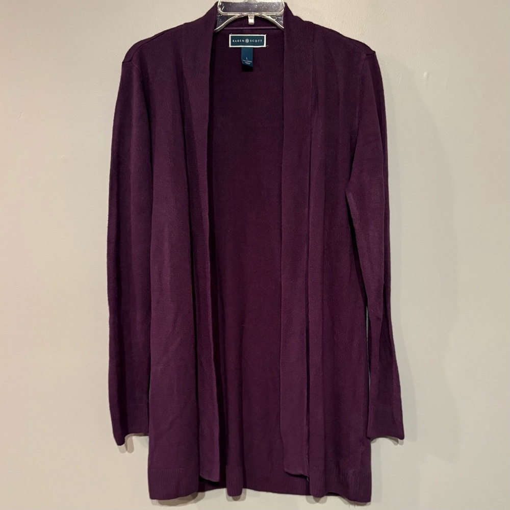 Karen Scott Deep Grape Purple Open Front Cardigan Size L Soft Comfy Flowy - Picture 1 of 4